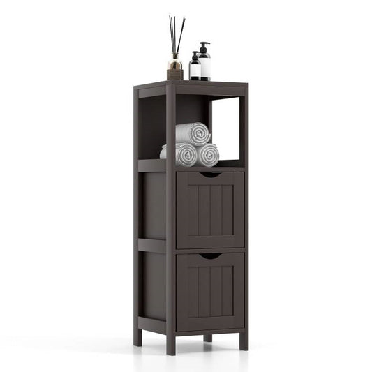 Modern Farmhouse 2-Drawer Bathroom Floor Cabinet with Shelf in Brown Wood Finish