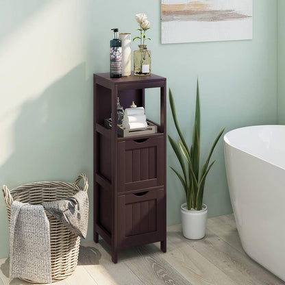 Modern Farmhouse 2-Drawer Bathroom Floor Cabinet with Shelf in Brown Wood Finish