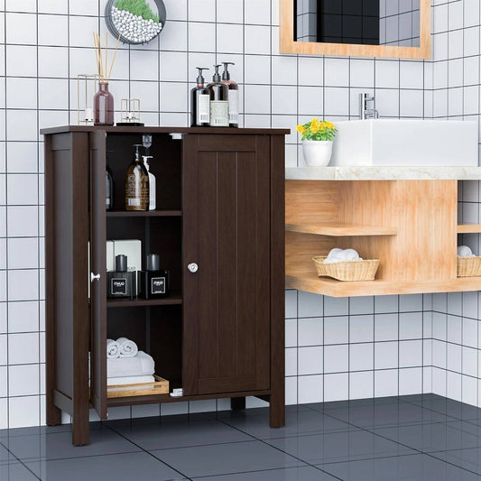 Bathroom Storage Cabinet with Adjustable Shelves in Dark Brown Wood Finish