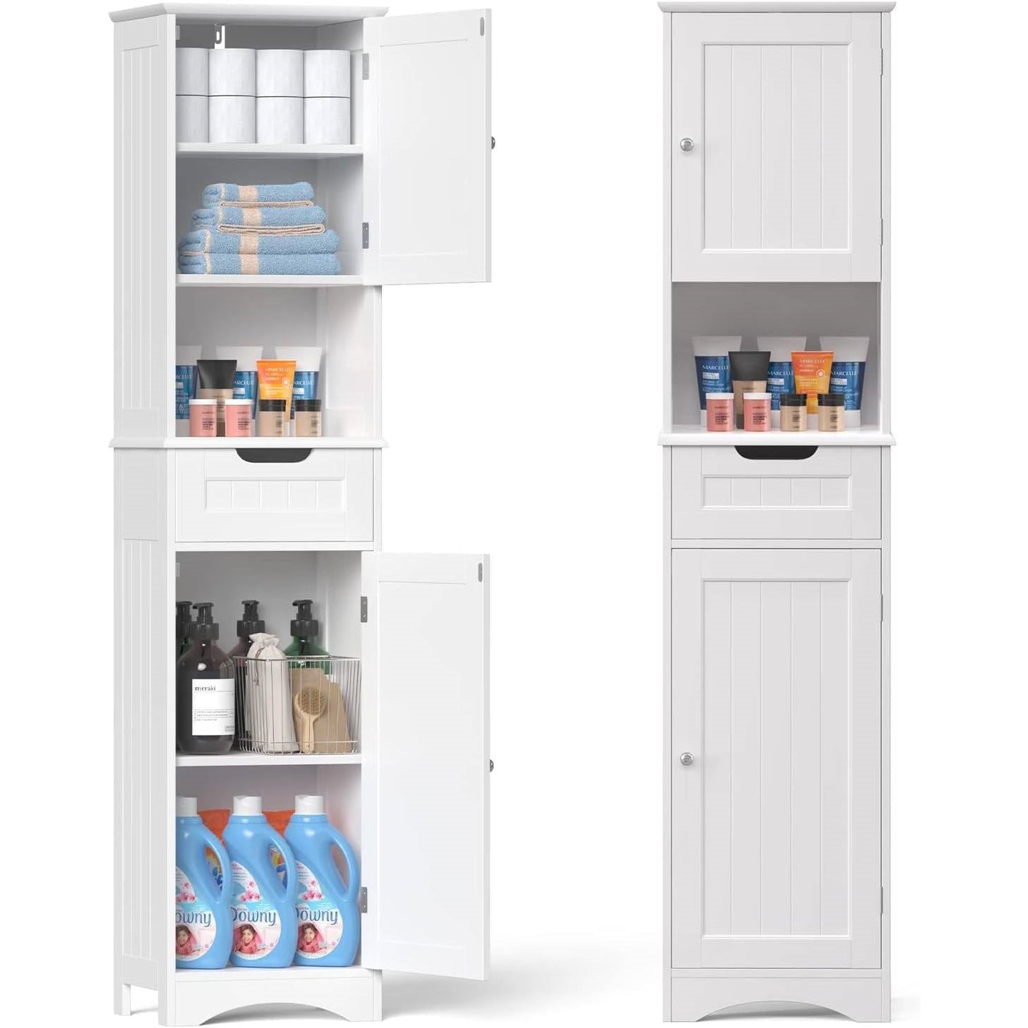 White Bathroom Linen Cabinet Tower with 2 Doors Storage Drawer and Shelf