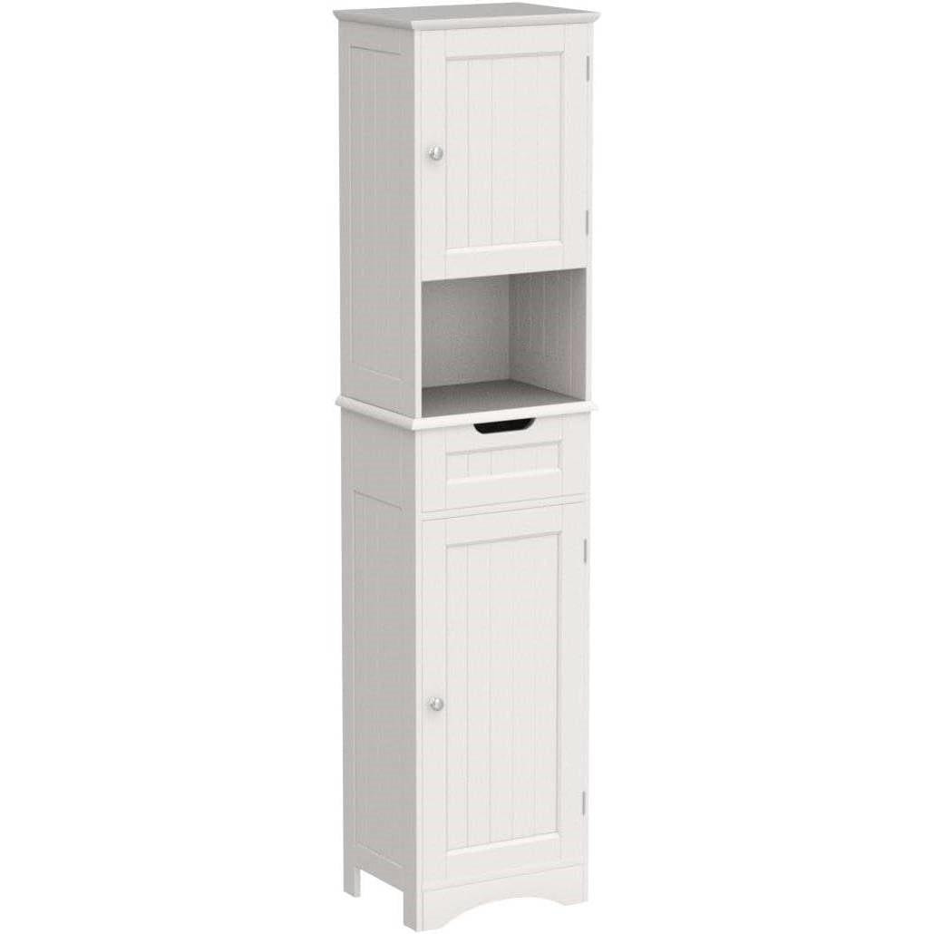 White Bathroom Linen Cabinet Tower with 2 Doors Storage Drawer and Shelf