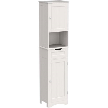 White Bathroom Linen Cabinet Tower with 2 Doors Storage Drawer and Shelf