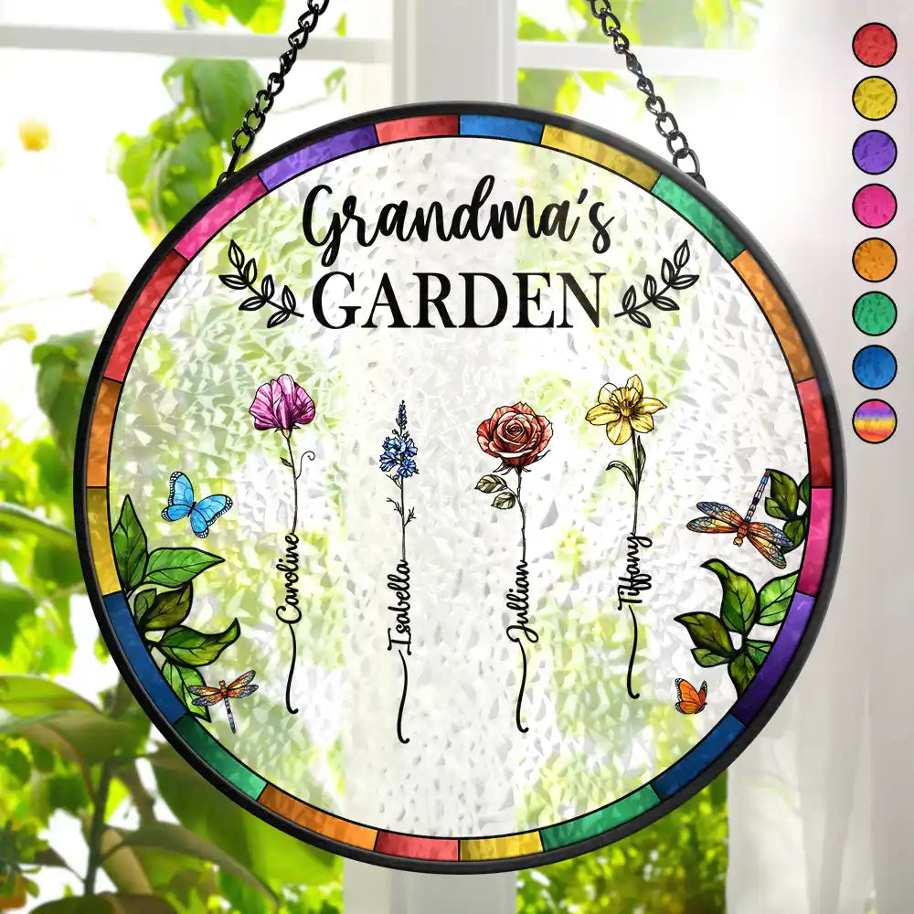 Birth Flower Grandma's Garden - Personalized Stained Glass Window Hanging Suncatcher - Gift for Grandma, Mom