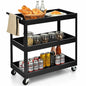Black Steel Frame Kitchen Serving Utility Cart on Wheels with 2 Bottom Shelves