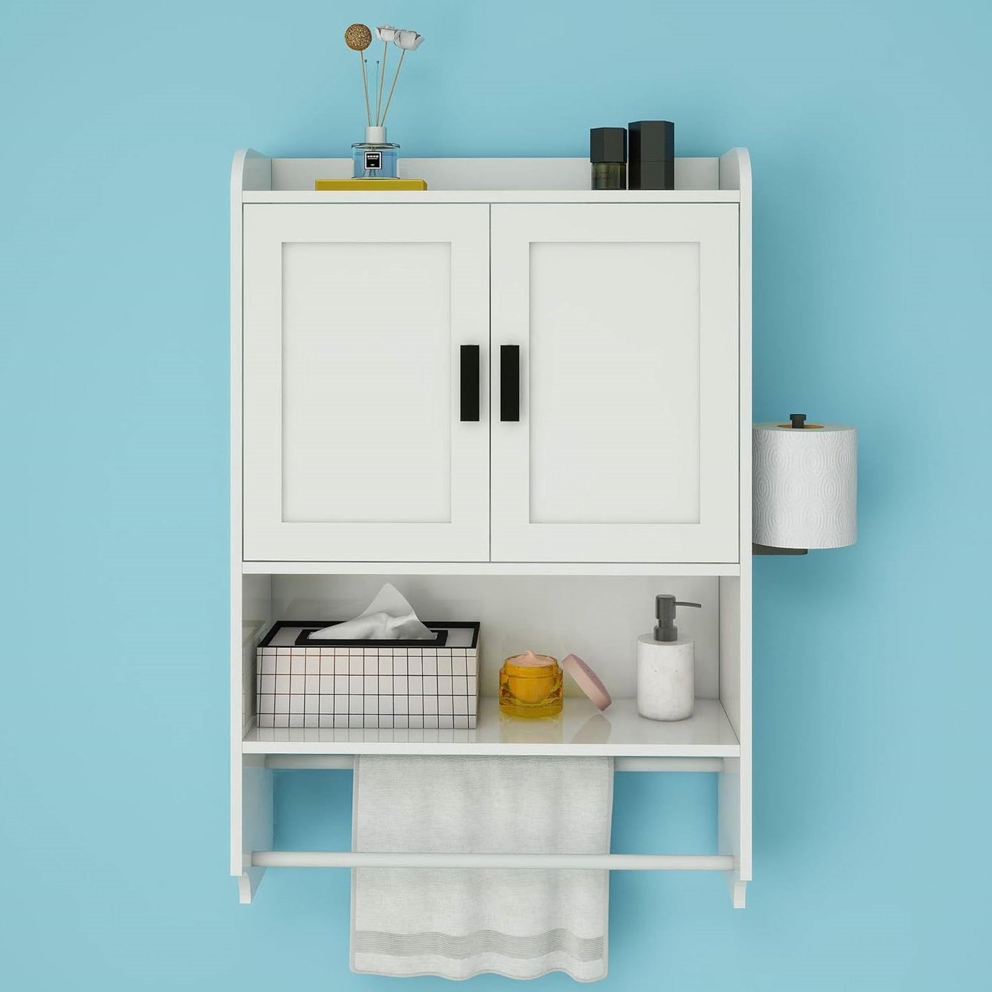 White Bathroom Wall Cabinet with Towel Bar and Storage Shelf