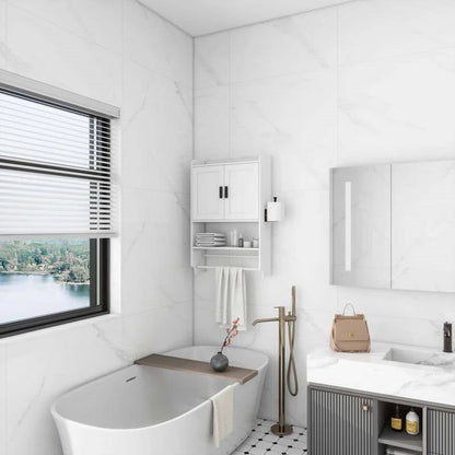 White Bathroom Wall Cabinet with Towel Bar and Storage Shelf