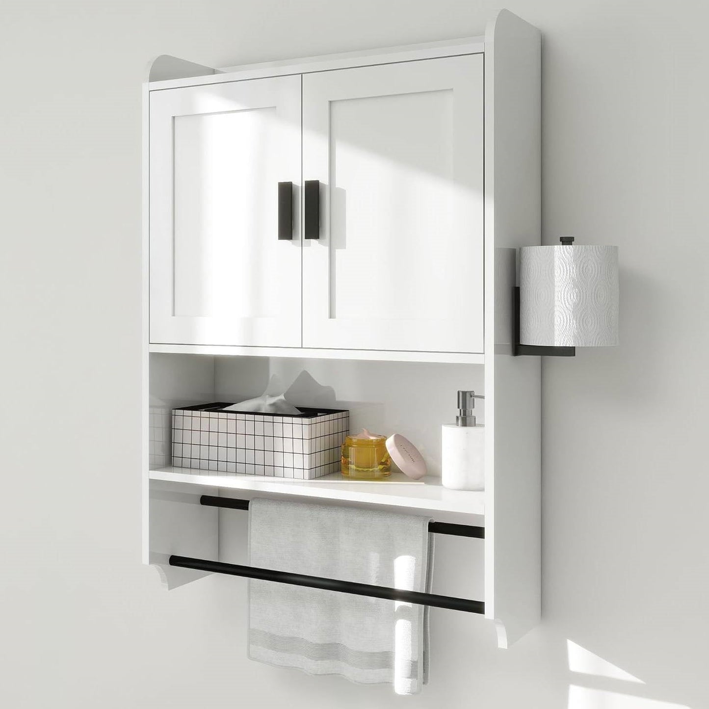 White Bathroom Wall Cabinet with Towel Bar and Storage Shelf