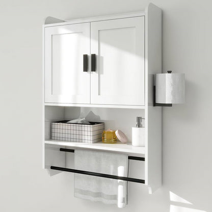 White Bathroom Wall Cabinet with Towel Bar and Storage Shelf