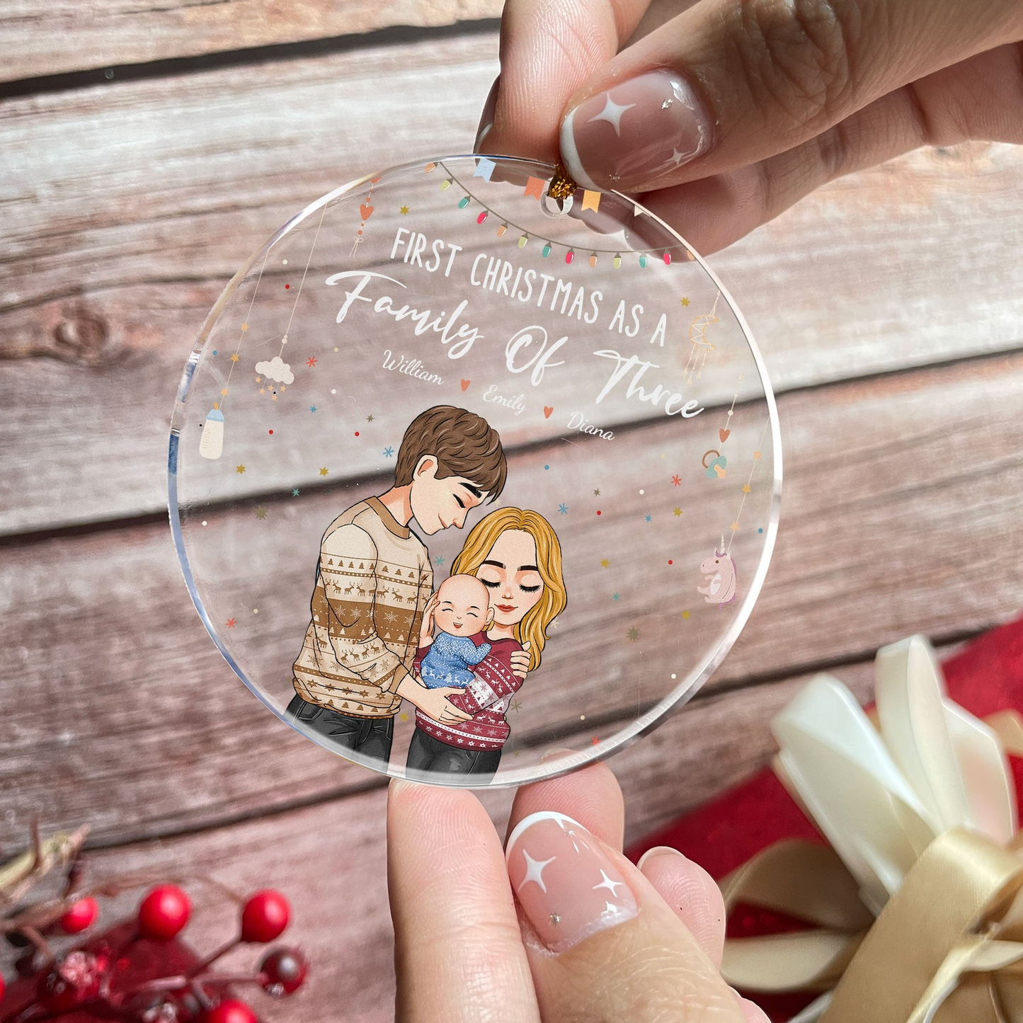 Baby First Christmas As A Family Of Three - Personalized Circle Acrylic Ornament - Babies First Christmas Gifts