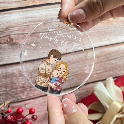 Baby First Christmas As A Family Of Three - Personalized Circle Acrylic Ornament - Babies First Christmas Gifts