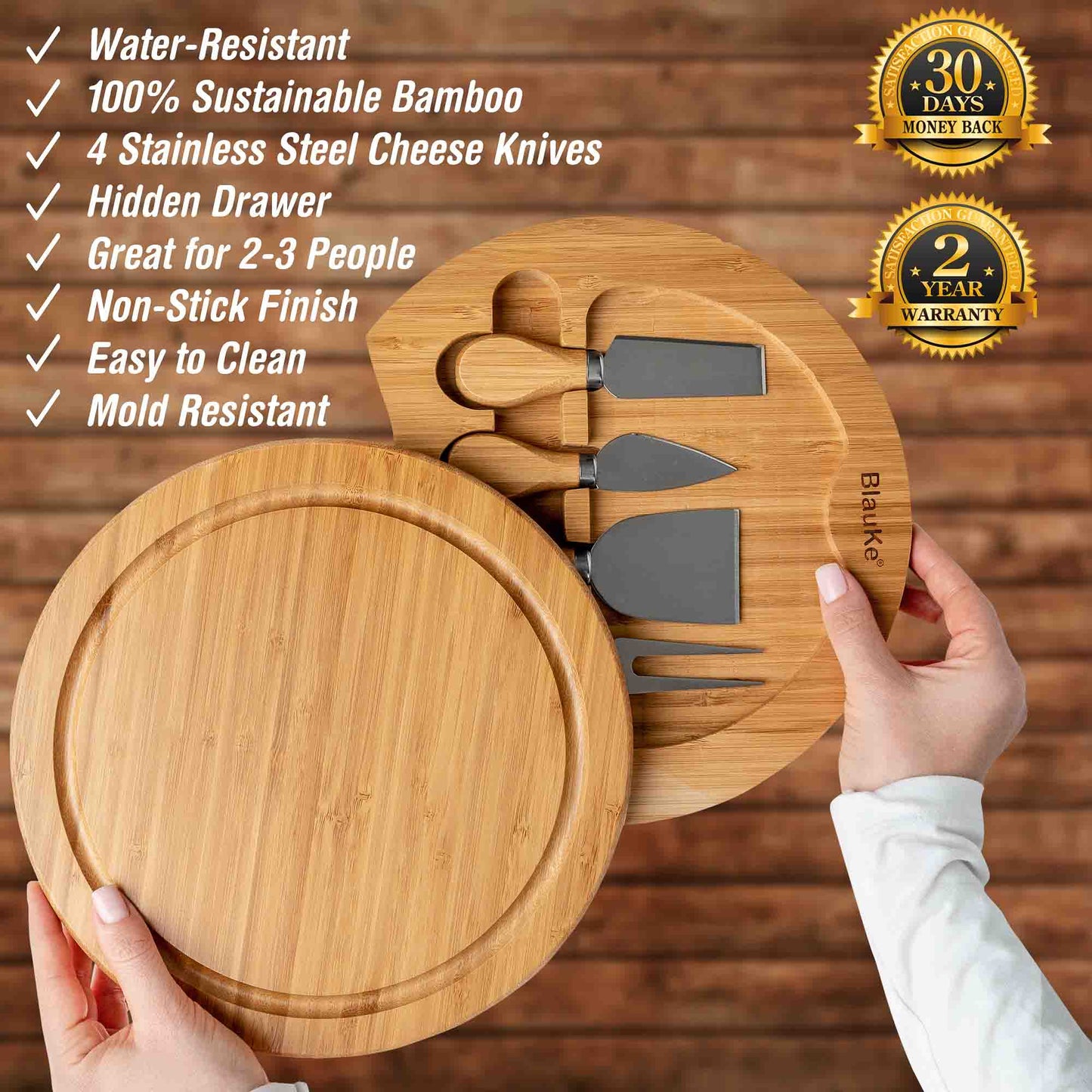 Bamboo Cheese Board and Knife Set - 10 Inch Charcuterie Board | Kitchen + Metal