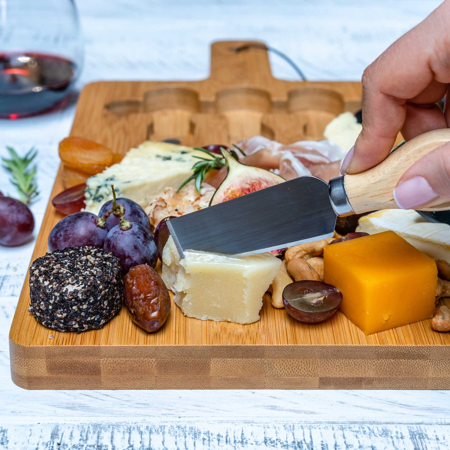 Bamboo Cheese Board and Knife Set - 12x8 inch Charcuterie Board | Kitchen + Metal