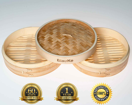 2-Tier Bamboo Steamer for Cooking Dumplings, Vegetables, Meat, Fish | Kitchen + Metal