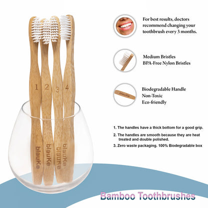 Bamboo Toothbrush Set 4-Pack - Bamboo Toothbrushes with Medium | Kitchen + Metal