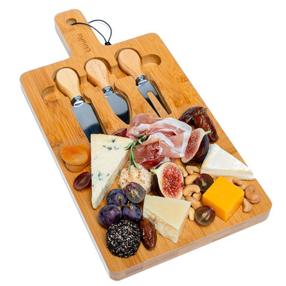 Bamboo Cheese Board and Knife Set - 12x8 inch Charcuterie Board | Kitchen + Metal