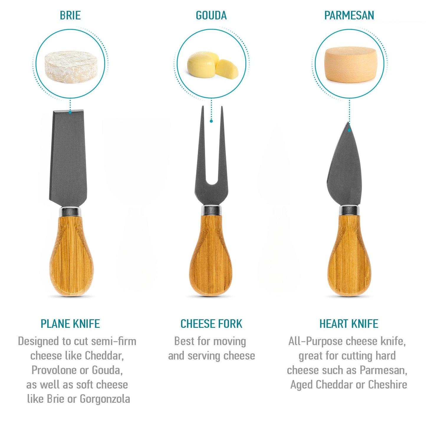 Bamboo Cheese Board and Knife Set - 12x8 inch Charcuterie Board | Kitchen + Metal