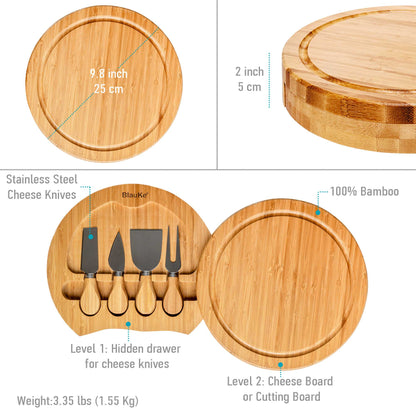 Bamboo Cheese Board and Knife Set - 10 Inch Charcuterie Board | Kitchen + Metal