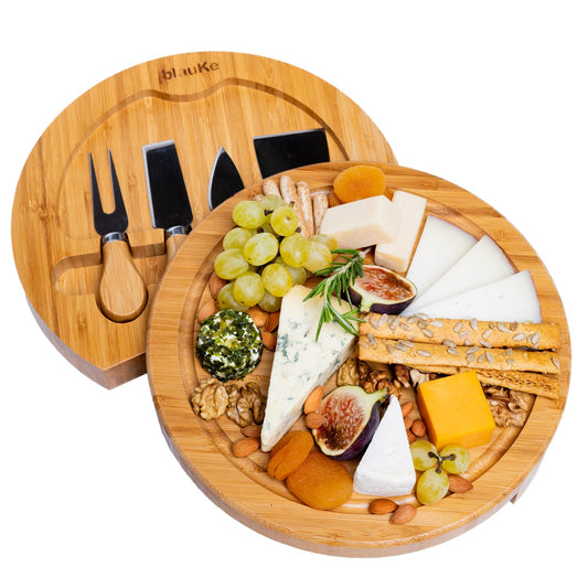 Bamboo Cheese Board and Knife Set - 10 Inch Charcuterie Board | Kitchen + Metal