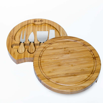 Bamboo Cheese Board and Knife Set - 10 Inch Charcuterie Board | Kitchen + Metal