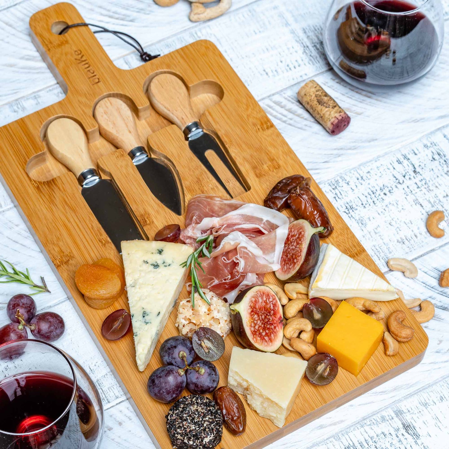 Bamboo Cheese Board and Knife Set - 12x8 inch Charcuterie Board | Kitchen + Metal