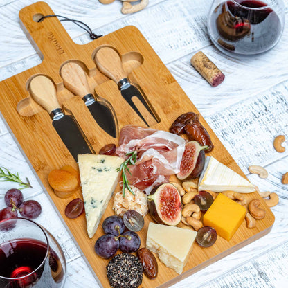 Bamboo Cheese Board and Knife Set - 12x8 inch Charcuterie Board | Kitchen + Metal