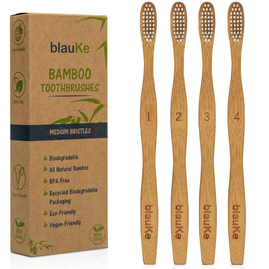 Bamboo Toothbrush Set 4-Pack - Bamboo Toothbrushes with Medium | Kitchen + Metal