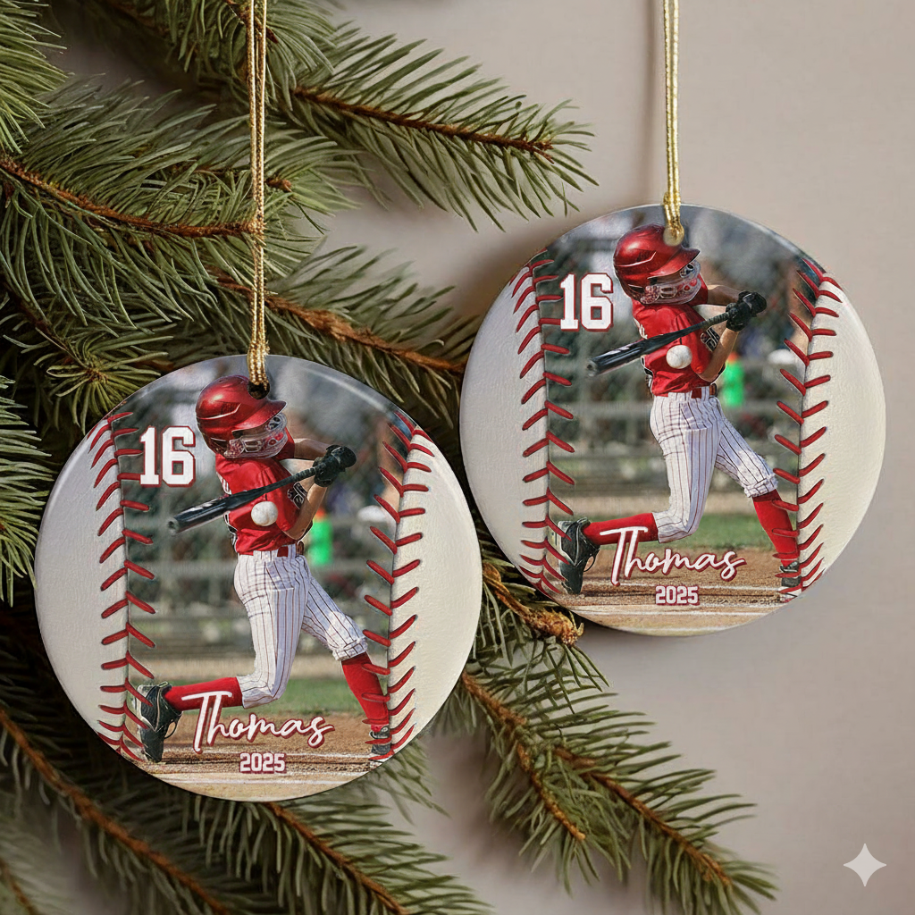 Custom Photo Baseball Christmas - Personalized Ceramic Ornament - Christmas Gift for Baseball Player, Baseball Lover, Son/Daughter, Grandkids