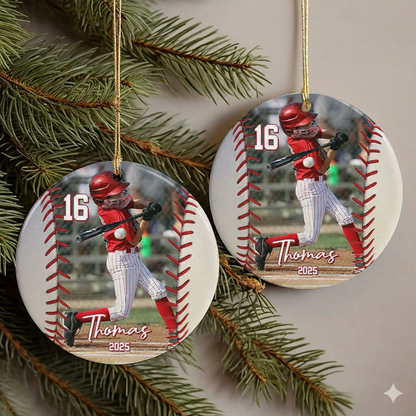 Custom Photo Baseball Christmas - Personalized Ceramic Ornament - Christmas Gift for Baseball Player, Baseball Lover, Son/Daughter, Grandkids
