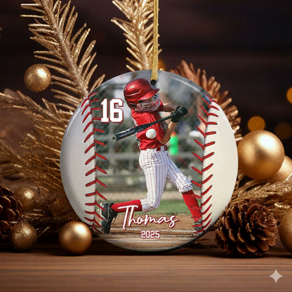 Custom Photo Baseball Christmas - Personalized Ceramic Ornament - Christmas Gift for Baseball Player, Baseball Lover, Son/Daughter, Grandkids