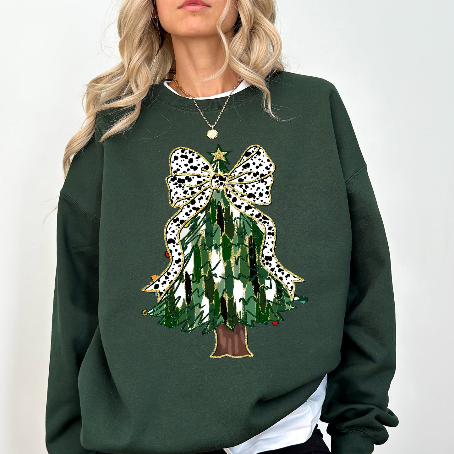Beautiful Christmas Tree, Dalmatian Print Ribbon, Coquette, Bow, Xmas Sweatshirt