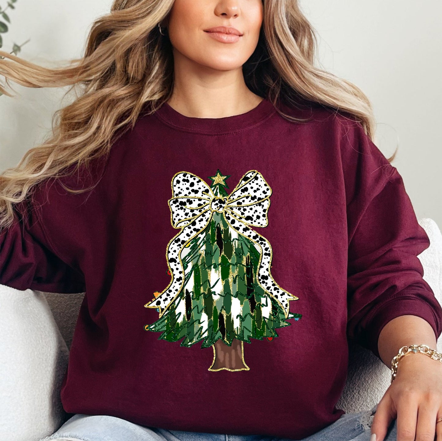 Beautiful Christmas Tree, Dalmatian Print Ribbon, Coquette, Bow, Xmas Sweatshirt