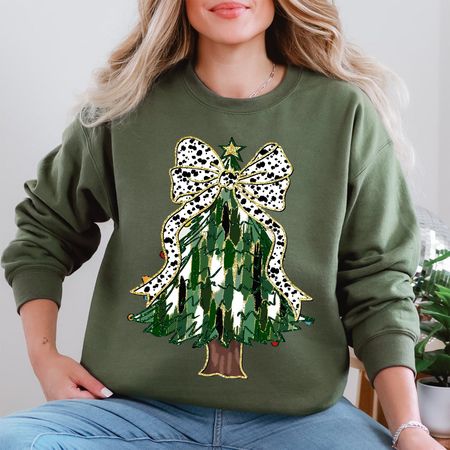 Beautiful Christmas Tree, Dalmatian Print Ribbon, Coquette, Bow, Xmas Sweatshirt