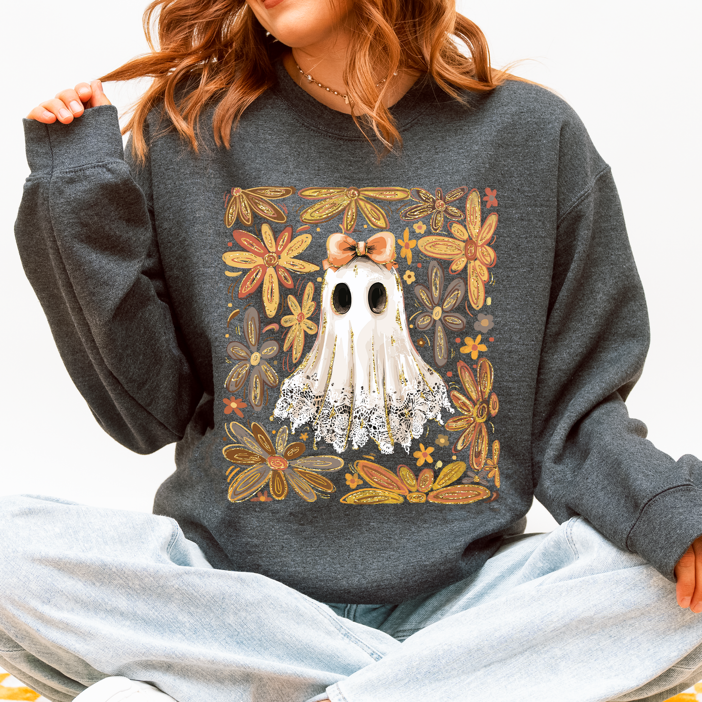 Beautiful Halloween, Flowers, Coquette Ghost Sweatshirt