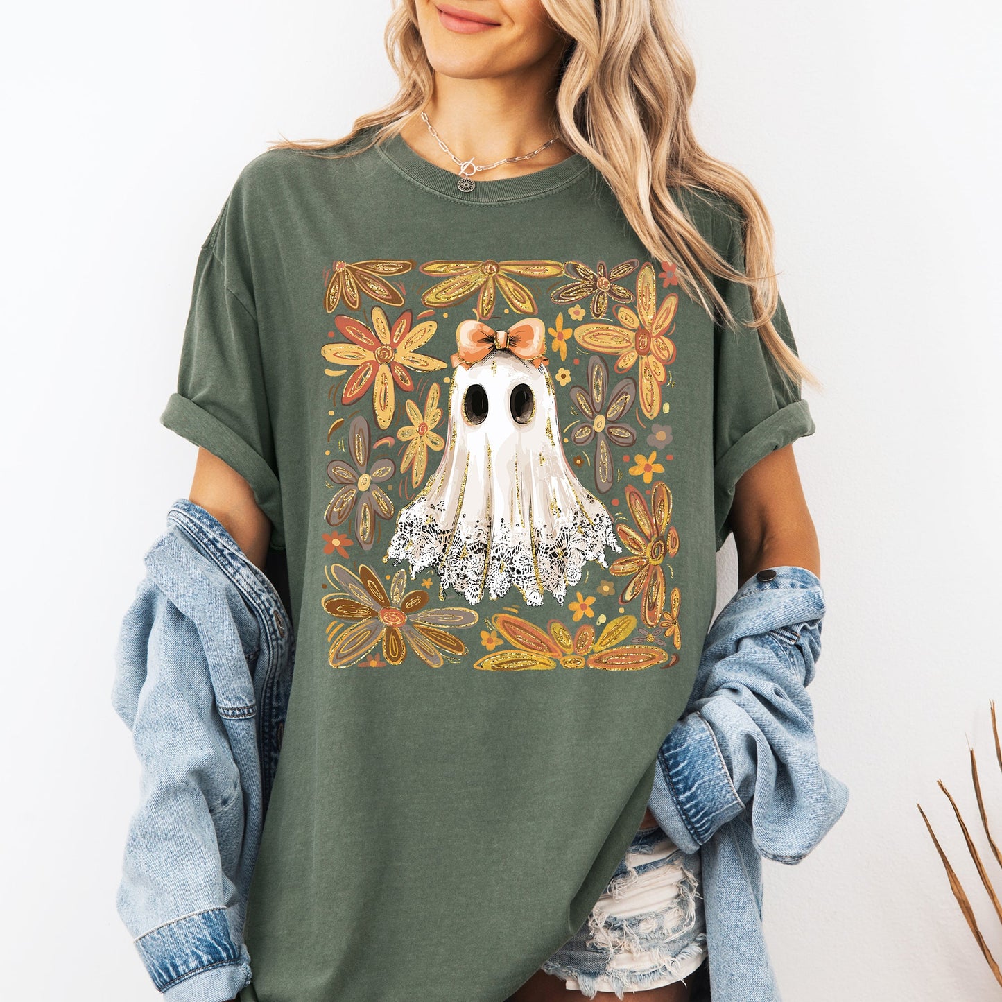 Beautiful Halloween, Flowers, Coquette Ghost, Comfort Colors T-Shirt
