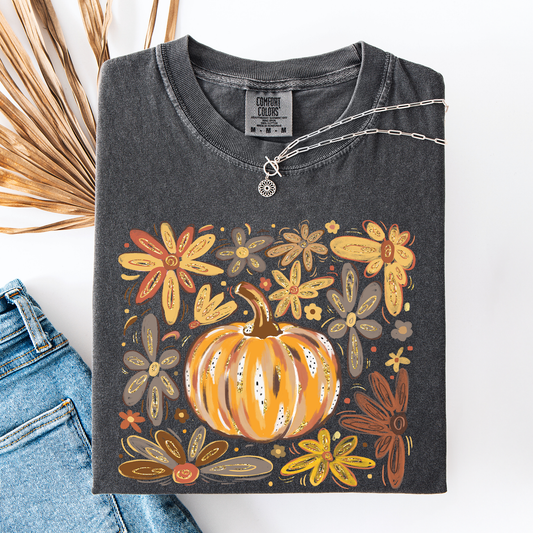 Beautiful Pumpkin Autumn Flowers, Fall, Floral, Watercolor, Comfort Colors T-Shirt
