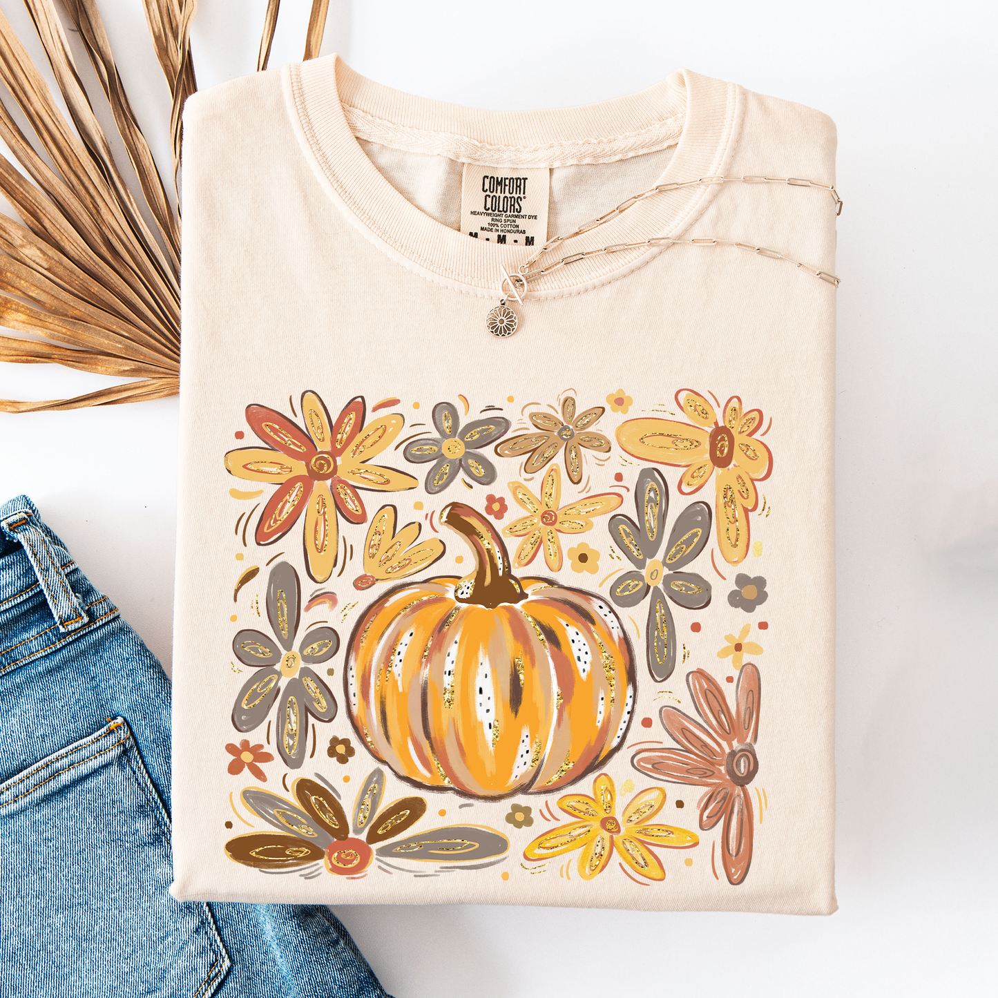 Beautiful Pumpkin Autumn Flowers, Fall, Floral, Watercolor, Comfort Colors T-Shirt