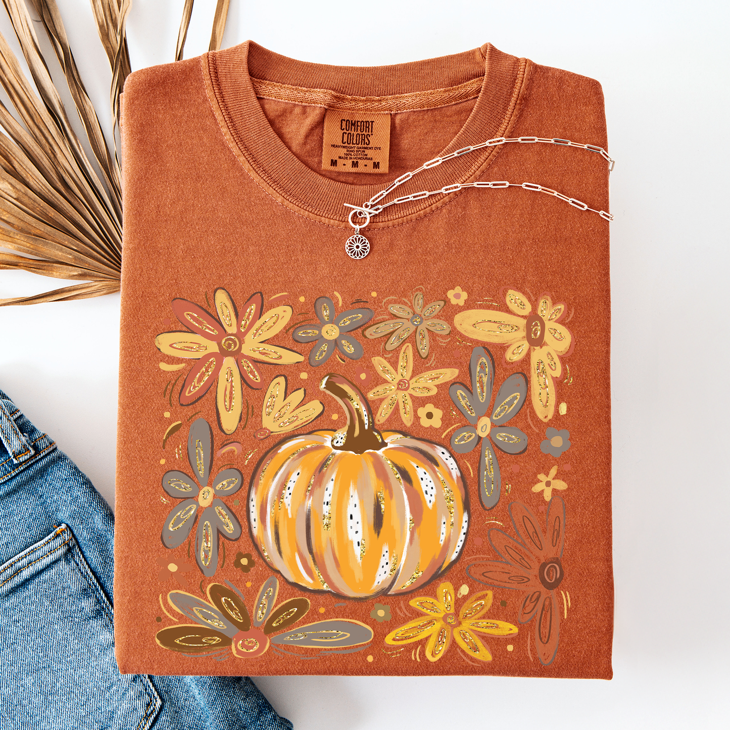 Beautiful Pumpkin Autumn Flowers, Fall, Floral, Watercolor, Comfort Colors T-Shirt