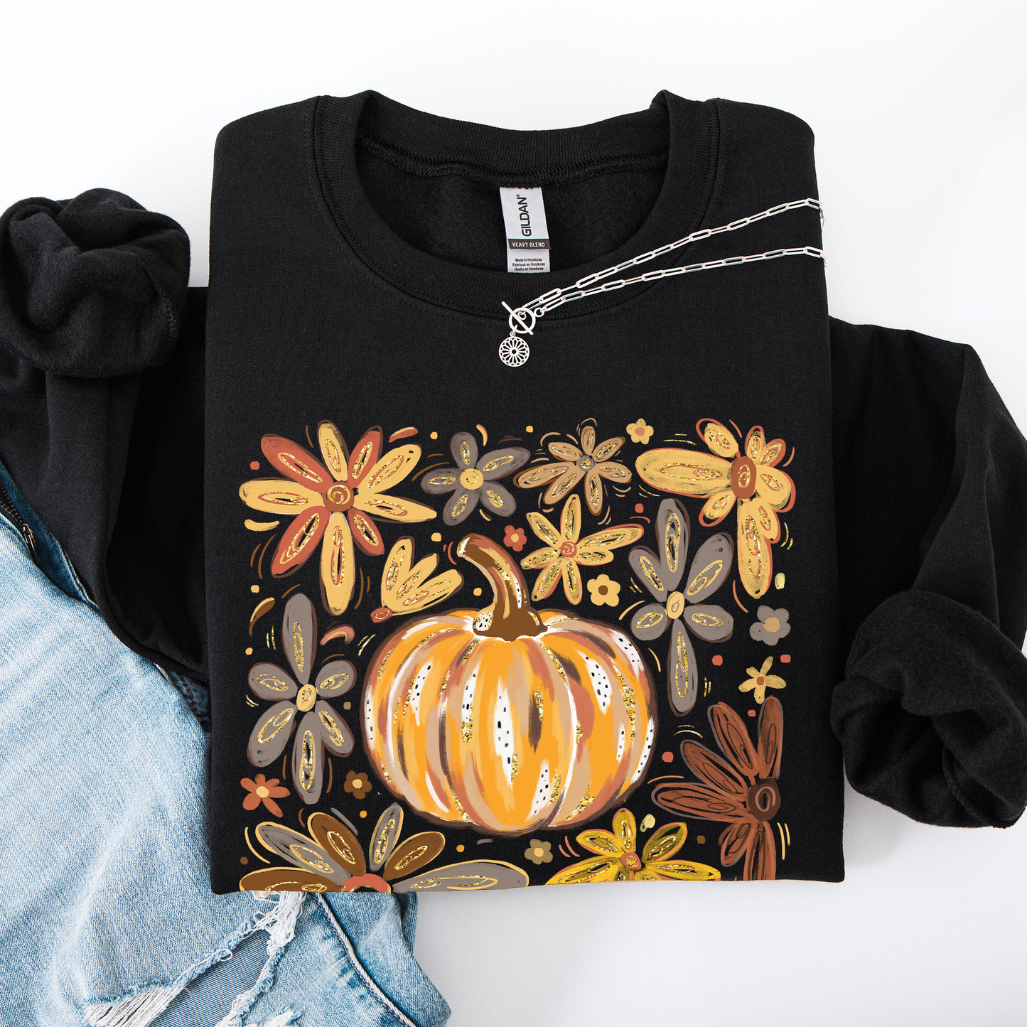 Beautiful Pumpkin Autumn Flowers, Fall, Floral, Watercolor Sweatshirt