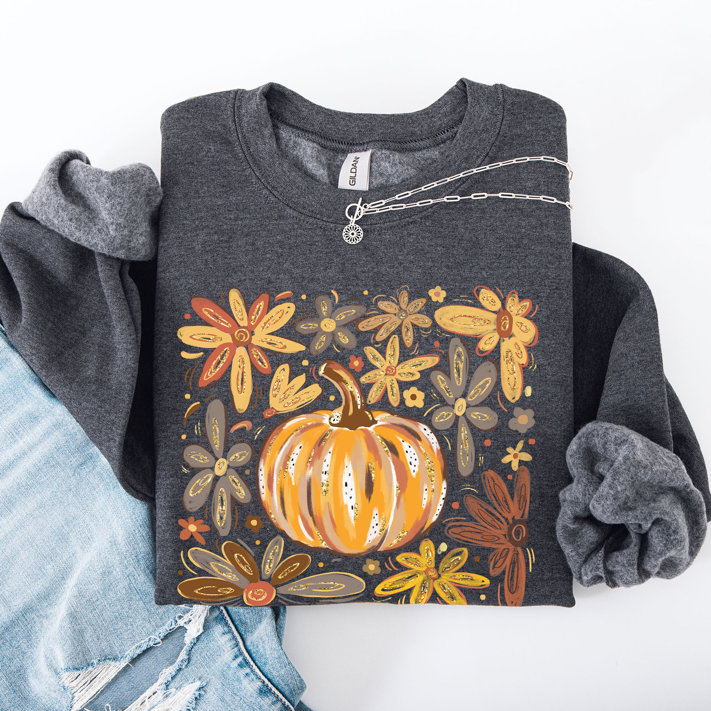 Beautiful Pumpkin Autumn Flowers, Fall, Floral, Watercolor Sweatshirt