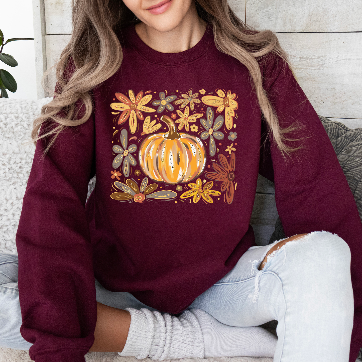 Beautiful Pumpkin Autumn Flowers, Fall, Floral, Watercolor Sweatshirt