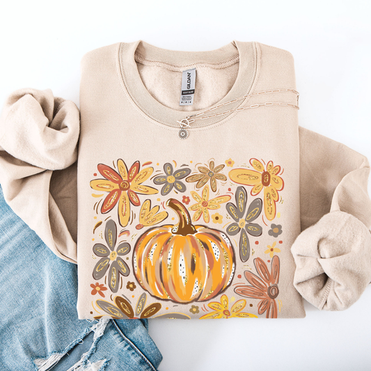 Beautiful Pumpkin Autumn Flowers, Fall, Floral, Watercolor Sweatshirt