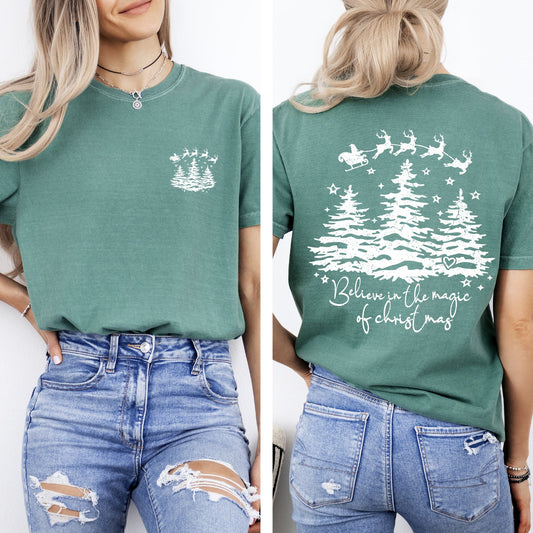 Believe In The Magic Of Christmas, Santa, Front and Back, Christmas Trees, Winter, Snow, Xmas Tshirt Comfort Colors T-Shirt