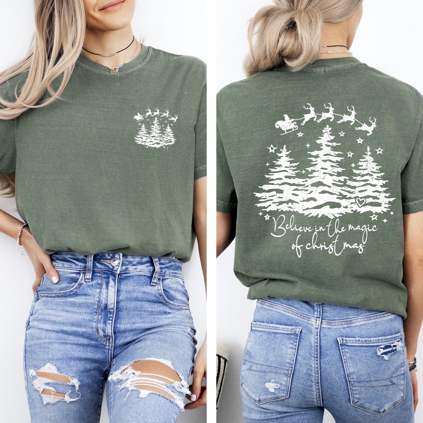 Believe In The Magic Of Christmas, Santa, Front and Back, Christmas Trees, Winter, Snow, Xmas Tshirt Comfort Colors T-Shirt