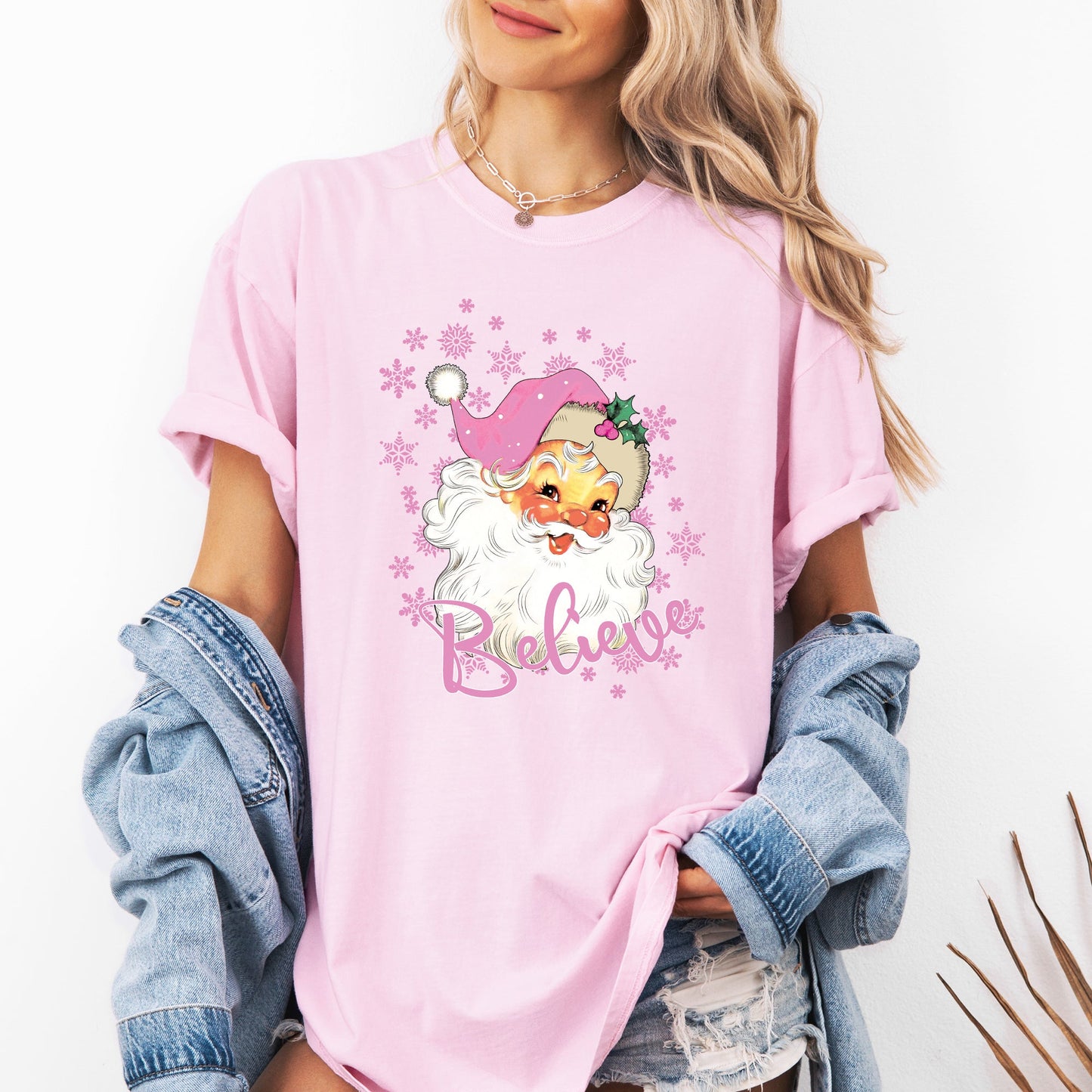 Believe, Pink Santa, Snowflakes, Christmas, Winter, Snow, Xmas Tshirt Comfort Colors T-Shirt