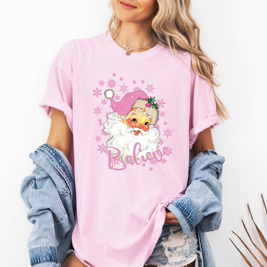 Believe, Pink Santa, Snowflakes, Christmas, Winter, Snow, Xmas Tshirt Comfort Colors T-Shirt