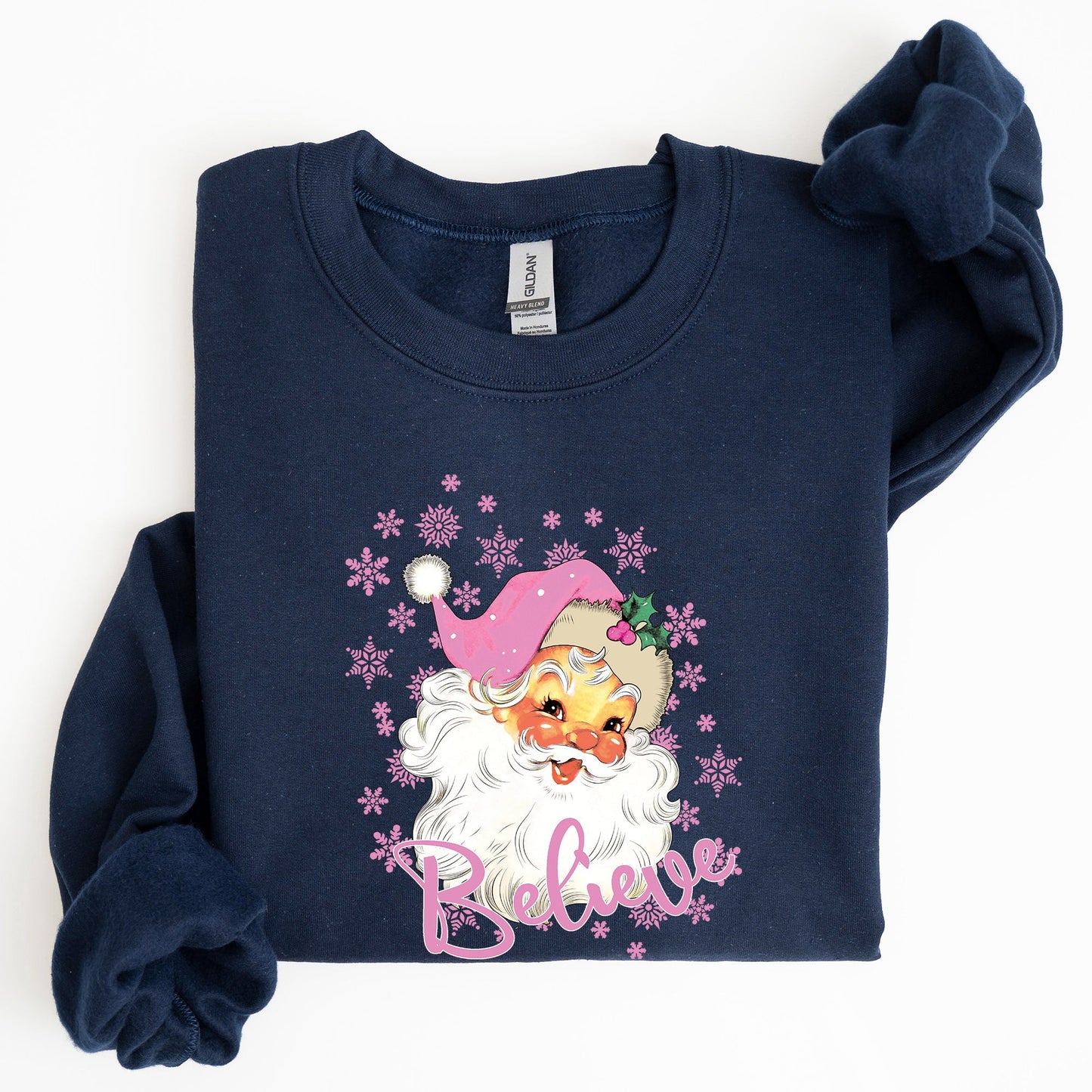 Believe, Pink Santa, Snowflakes, Christmas, Winter, Snow, Xmas Sweatshirt