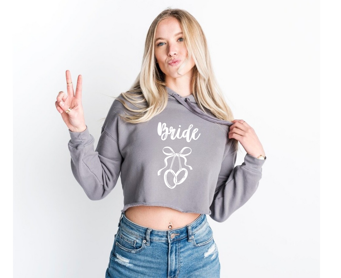 Customizable: Bride Interlocking Rings Cropped Fleece Hoodie