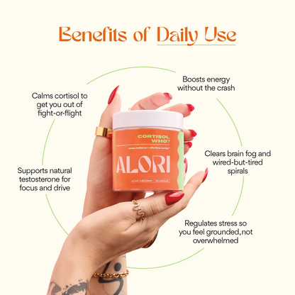 Hand holding a container of 'ALORI' with text listing benefits on a white background