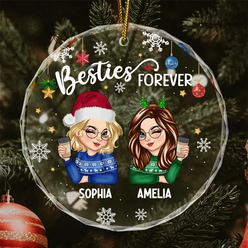 Besties Forever Christmas - Personalized Circle Glass Ornament - Christmas Gift for Besties, Sisters, Best Friends