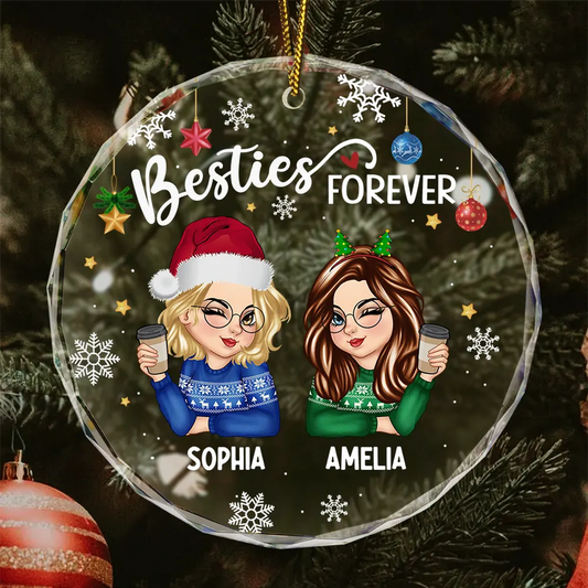Besties Forever Christmas - Personalized Circle Glass Ornament - Christmas Gift for Besties, Sisters, Best Friends